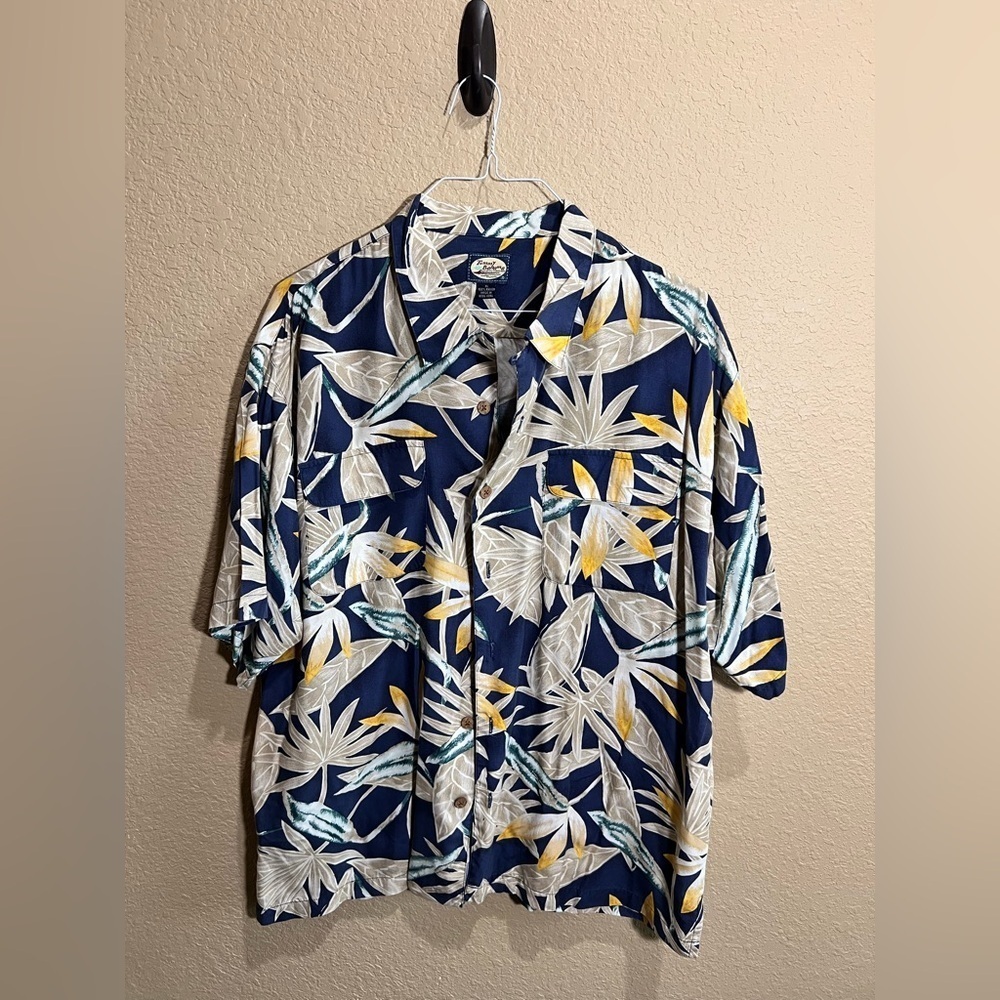 Tommy Bahama Navy and Yellow Leaf Print Shirt